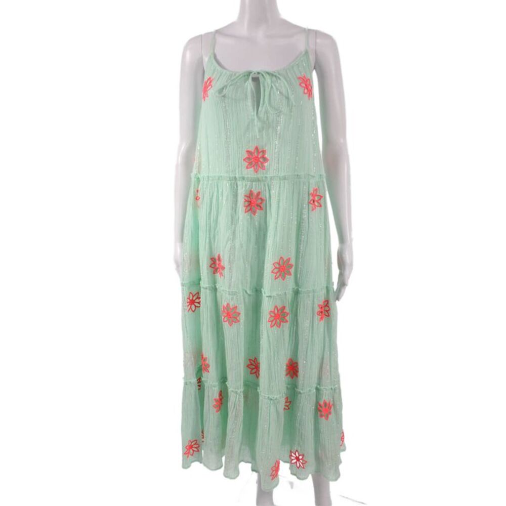 Sundress Women Green Floral Cotton Midi Sleeveless Scoop Neck Size One Size